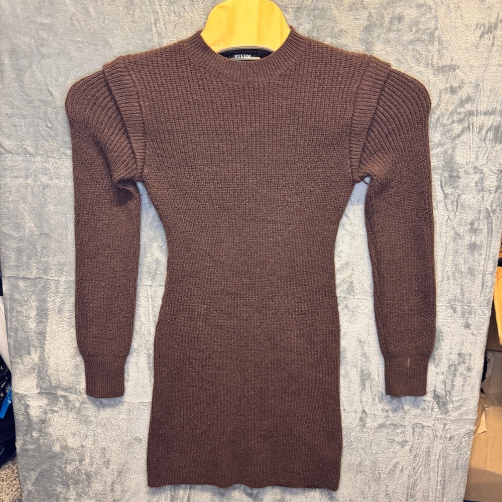 2096 | BTFBM Ribbed Layered Shoulder Bodycon Mini Sweater Dress Brown Women S